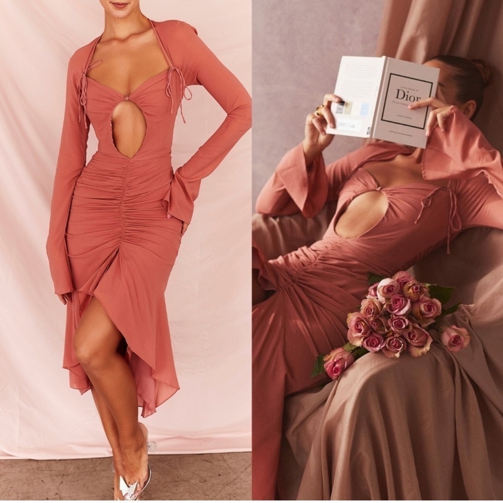 HOUSE OF CB 'Reine' Rose Real Silk Ruffle Midi Dress NWT